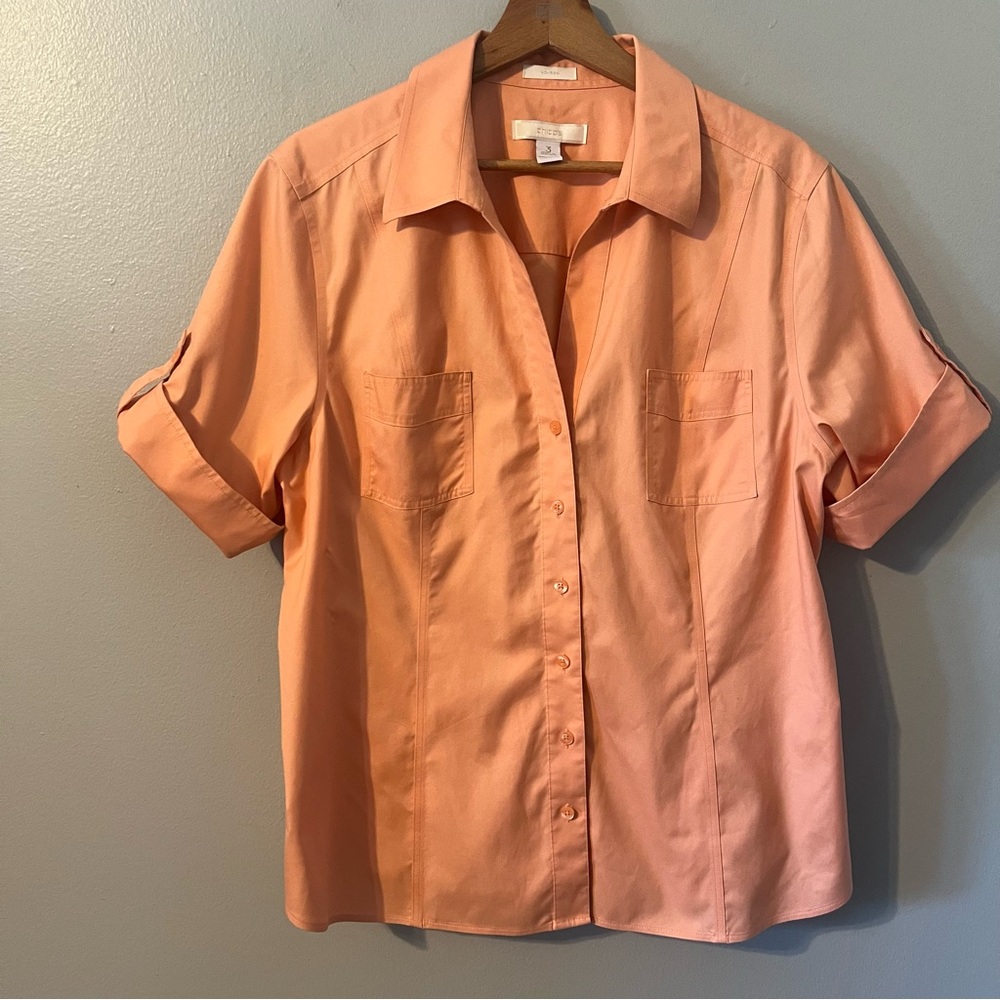 Chico’s Tangerine Color Cotton Short Sleeved Blouse Size 3